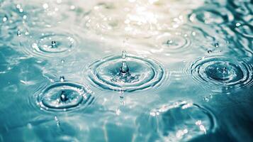 Water droplet impacting surface creating ripples. Focus on water drop and the circular wave pattern. Reflective surface. photo
