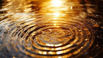 Ripples of light dance across the liquid surface, casting a golden glow on the water. The radiating circles create an abstract pattern. photo