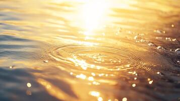 Golden hour sunlight dances on rippling water. Circles expand from a central point, light reflects and refracts in warm hues. photo
