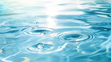 Water droplets creating ripples on a serene surface, light reflecting, emphasizing purity and tranquility. Captured in a refreshing, close-up view. photo