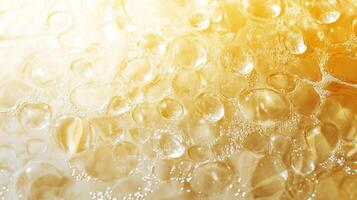 Bubbles in golden liquid glimmer in light, creating a shimmering texture. A macro view captures beauty in surface tension. photo