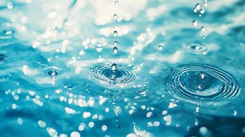 Water droplets create ripples on the surface of a body of water, forming concentric circles that spread outwards with light reflections. photo
