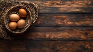 Four eggs nestled in a bird's nest on a rustic wooden surface. The scene suggests springtime, new beginnings, or a natural theme. photo