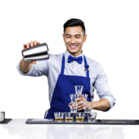 A bartender pouring a drink in front of a bar png