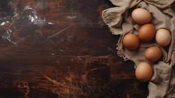 Farm-fresh eggs on a burlap cloth with flour dusted on rustic wood, ready for baking. Simple food photography concept. photo