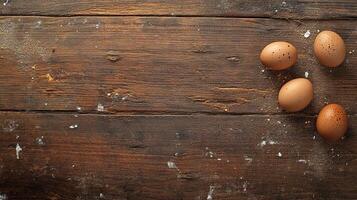 A rustic wooden table with four eggs, arranged in the corner and surrounded by scattered flour or powder. Natural food background. photo