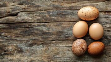 A rustic composition of assorted eggs resting on a weathered wooden surface, creating a natural and textural still life. photo