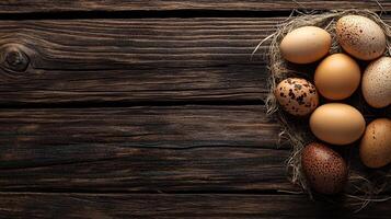 A rustic arrangement of various eggs nested on a weathered wooden surface, showcasing natural textures and organic forms. photo