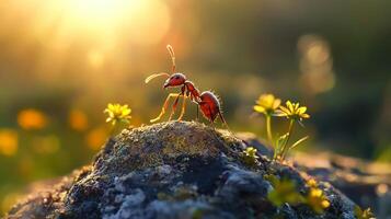 Ant on a rock in a field of wildflowers. An orange and red ant is crawling on a rock with tiny flowers and a bright, blurry background. photo
