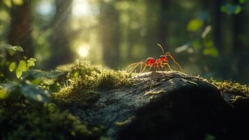 A tiny red ant perched on a moss-covered log, basking in the sunlit forest. The forest shines light onto the miniature world. photo