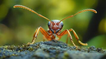 Close-up of an ant on a rock, highlighting its intricate details and powerful presence in its miniature world against a green backdrop. photo