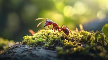 An ant rests on a tree branch covered with moss, illuminated by the morning sun. A vibrant scene showcasing nature's wonders. photo