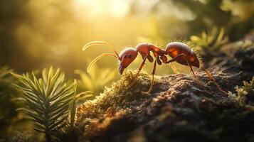 An ant explores the natural world, moving across a rough, moss-covered surface with a leafy plant in the background. photo