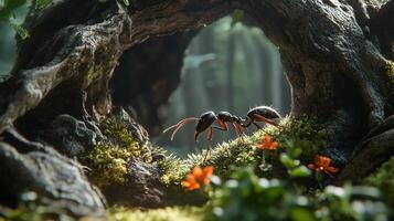An ant explores a miniature world of moss and wildflowers near a weathered tree trunk, with a hazy forest backdrop. Insect macro photography. photo