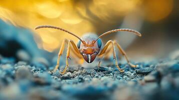 A detailed macro shot of an ant, showcasing its intricate features and unique perspective on the ground. Intense focus and lighting. photo