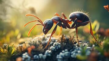 Macro view of an ant on natural ground, showcasing detailed body structure and environment. Focus on insect's habitat and texture details. photo