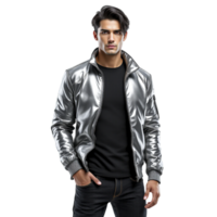 A man in a shiny jacket standing against a black background png