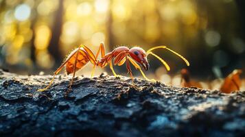 Macro photo of an amber-colored ant exploring a textured surface, illuminated by sunlight filtering through the forest canopy.