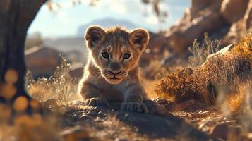 A curious lion cub poses in the wilderness, its playful gaze captivating the viewer in this heartwarming wildlife encounter. photo
