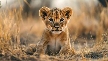 Adorable lion cub rests in grassy field, gazing directly at the viewer with its big, expressive eyes. Precious moment in the wild. photo