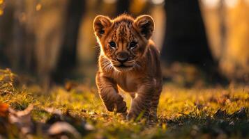 Lion cub walks in a grassy field on a sunny day, with a warm glow surrounding it and trees in the background. Cute animal. photo
