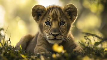 Adorable lion cub with big eyes resting in a lush green field, basking in the warm glow of the sunlight. Playful animal portrait photo