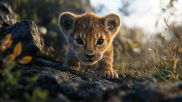 Adorable lion cub with bright eyes explores grassy terrain, showcasing innocence and curiosity in a captivating natural setting. photo
