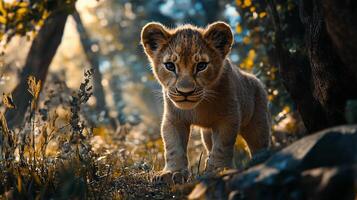 A curious lion cub stares directly forward with striking detail, showcasing the animal's charm in its natural habitat and environment. photo