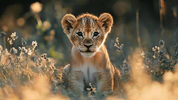 Adorable lion cub portrait captured in natural light, sitting amidst tall grass. Soft, warm tones create an inviting, endearing scene. photo