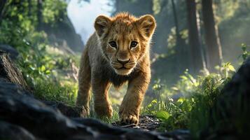 A young lion cub confidently strides forward, his gaze locked ahead. The sunlight filters through the trees illuminating his path. photo