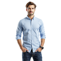 Man in blue shirt standing with hands in pockets png