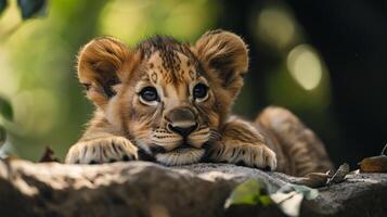 Adorable lion cub resting its head on a rock, gazing directly at the camera with its bright, curious eyes. A captivating close-up. photo