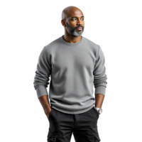 Man in grey sweater standing against black background png