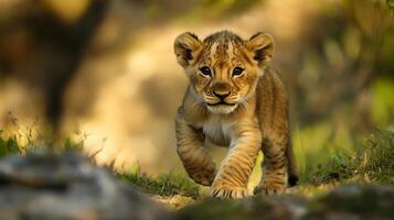Adorable lion cub in motion. Captivating wildlife portrait. Eyes full of curiosity. Running freely in its natural habitat. photo