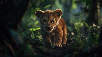 Adorable lion cub in the jungle, showcasing its playful nature and innocent charm amidst lush greenery and natural sunlight. photo
