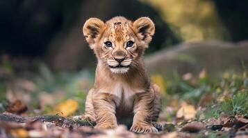 A captivating close-up of a lion cub showcasing its adorable features while sitting amongst leaves in a natural habitat. photo