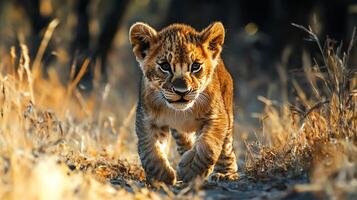 A charming lion cub explores its surroundings with curiosity and determination. The cub's gaze is direct and captures the viewer's attention. photo
