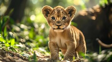 Lion cub stands in a lush, green forest. Its golden fur and adorable face capture the innocence of youth in this natural setting. photo