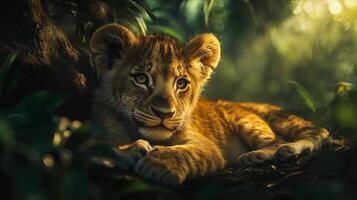 Young lion cub resting under a tree in the jungle, its golden fur illuminated by soft sunlight. Cute and full of curiosity in its eyes. photo