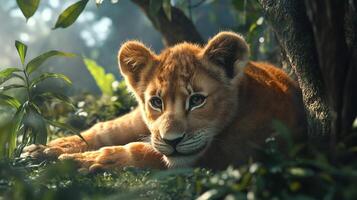 Adorable lion cub resting amongst lush foliage, basking in the sun's gentle warmth, embodying youthful serenity in the wild. photo