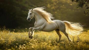 Majestic white horse gallops through a sunlit meadow, its mane flowing, a vision of freedom and grace in a serene, idyllic landscape. photo