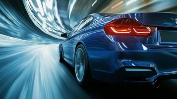 Dynamic blue car races through an abstract tunnel, illuminated by streaks of light, hinting at speed, technology, and automotive design. photo