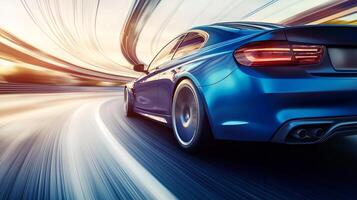 Blue sports car in motion blur, showcasing sleek design and speed. The car blends into the dynamic background. photo
