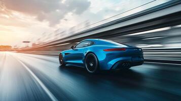 Sleek blue car speeds along a blurred roadway, capturing motion and the excitement of the drive. Modern design and speed aesthetic. photo