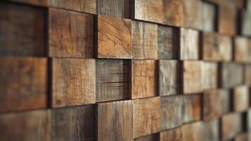 Abstract wooden block wall featuring 3D geometric pattern, with varied tones of brown, tan, and grey adding depth and visual interest. photo
