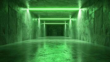 A long, empty corridor with luminous green lights overhead, creating a stark and futuristic tunnel effect. photo