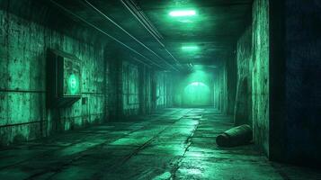 Eerie, green-lit tunnel with worn concrete walls and a distant light, hinting at a mysterious end, evoking suspense. Dark, mysterious passage. photo