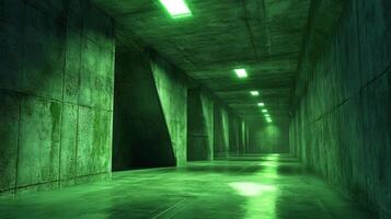 Eerily lit green tunnel with concrete walls, creating a sense of mystery and depth, with lights stretching into the distance. photo