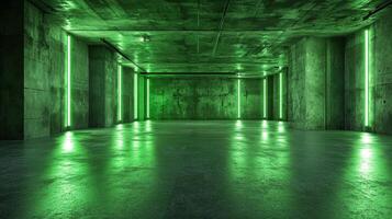 An empty concrete room is illuminated with vertical light strips of green. The room has a shiny, polished floor that reflects the green light. photo