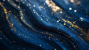 Abstract artwork featuring flowing dark blue and gold textures with blurred bokeh dots, evoking a sense of depth and movement. photo